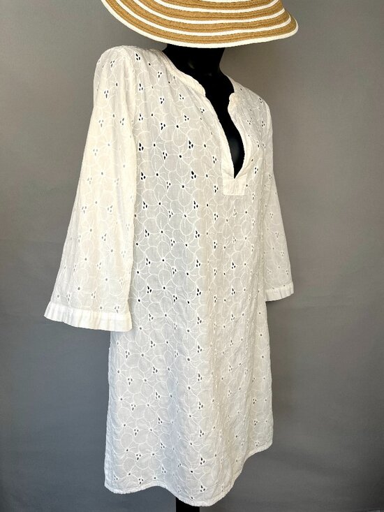 House of Woo Tops - House of Woo Eyelet White Cotton Cover-Up Tunic XS 3/4 Sleeve